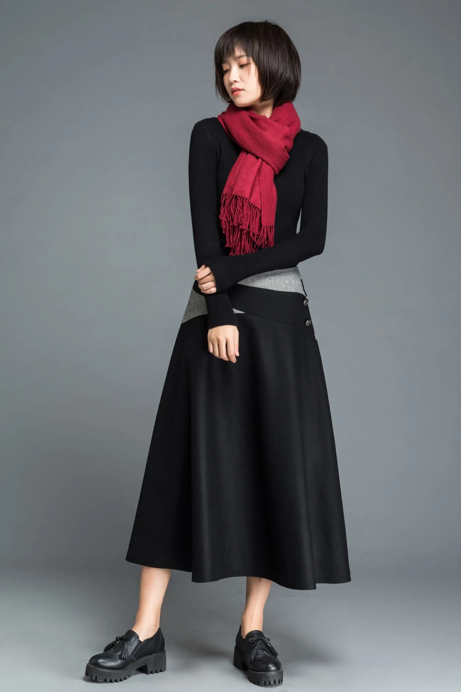 A line black midi wool skirt C1215