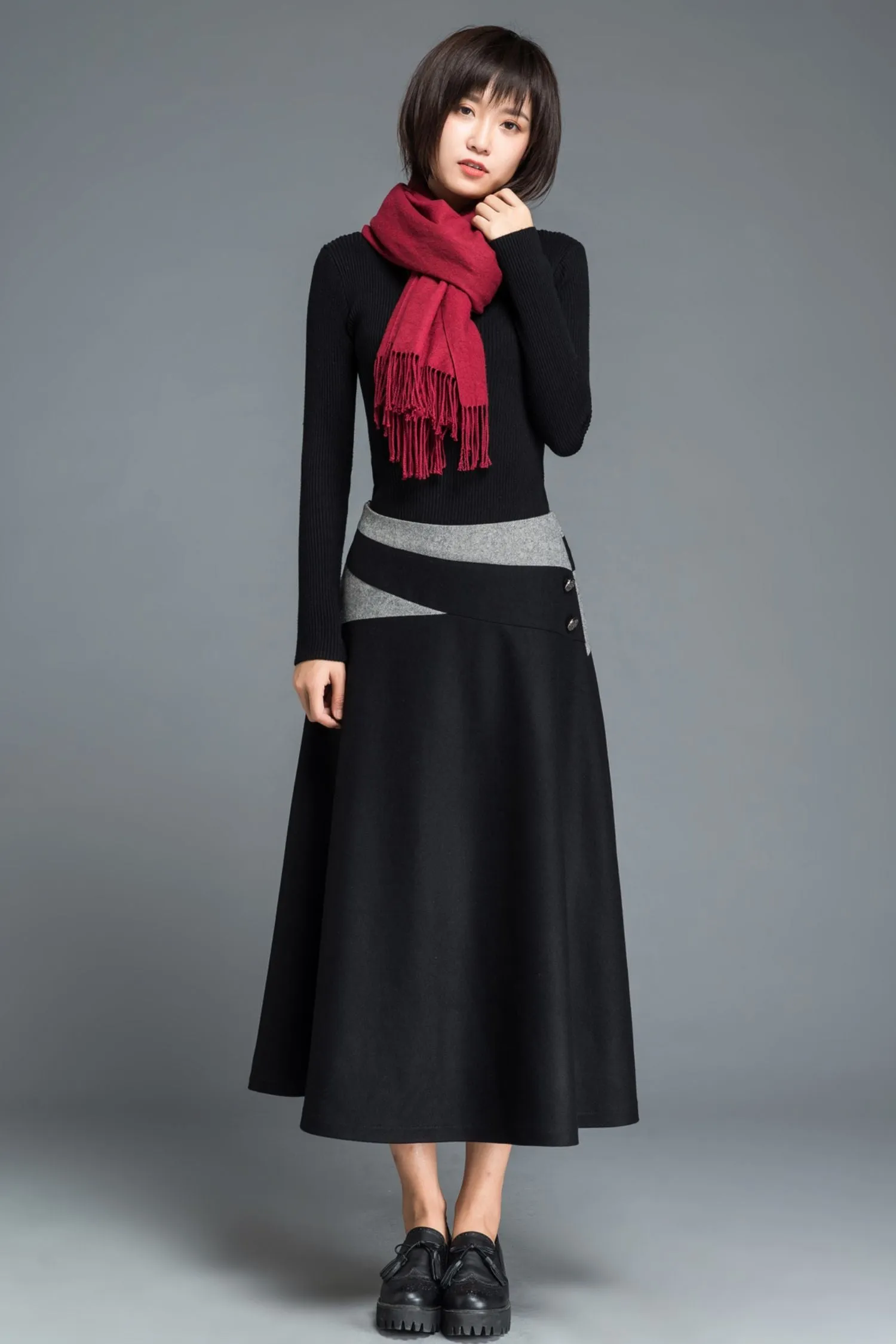 A line black midi wool skirt C1215