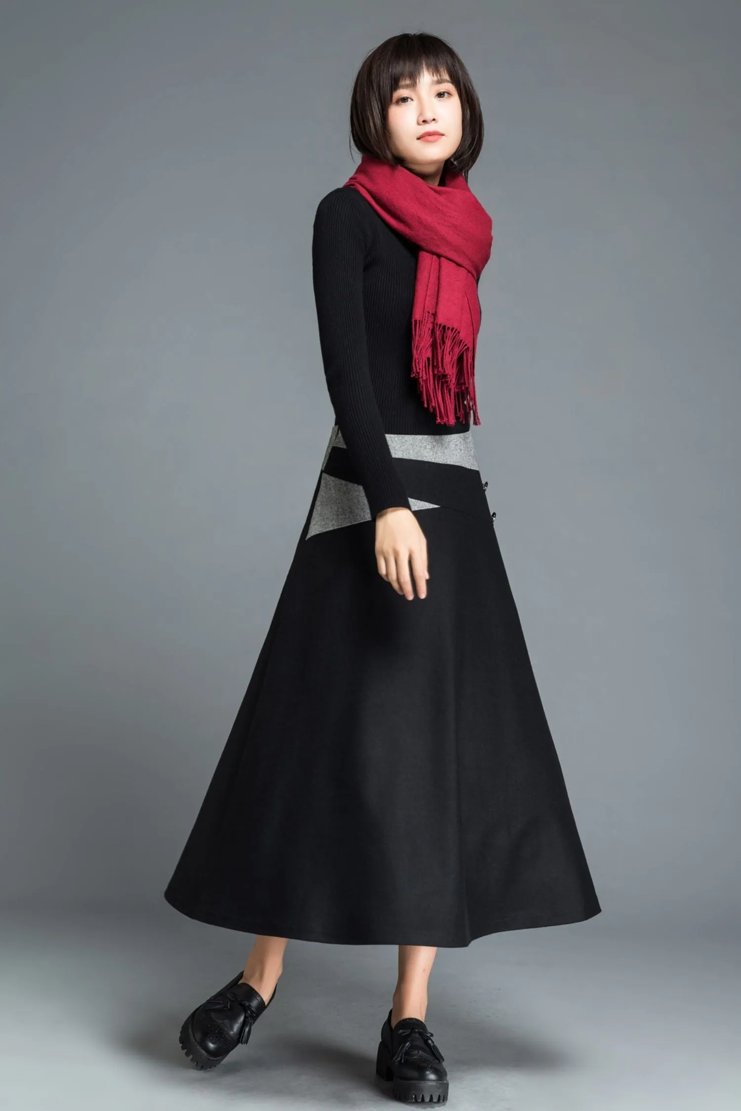 A line black midi wool skirt C1215