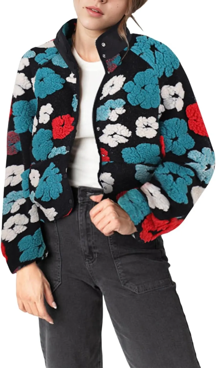 Aoang Floral Fleece Jacket Button Down Shacket Casual Sherpa Coats Warm Outwear