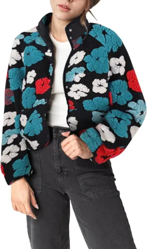 Aoang Floral Fleece Jacket Button Down Shacket Casual Sherpa Coats Warm Outwear