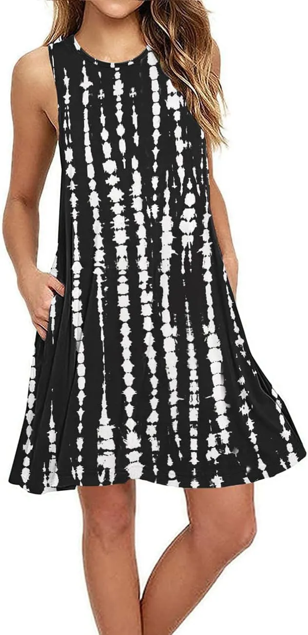 BEUFRI Sundress for Women Summer Casual Sleeveless Swing T Shirt Dresses Beach Cover up Tank Dress with Pockets