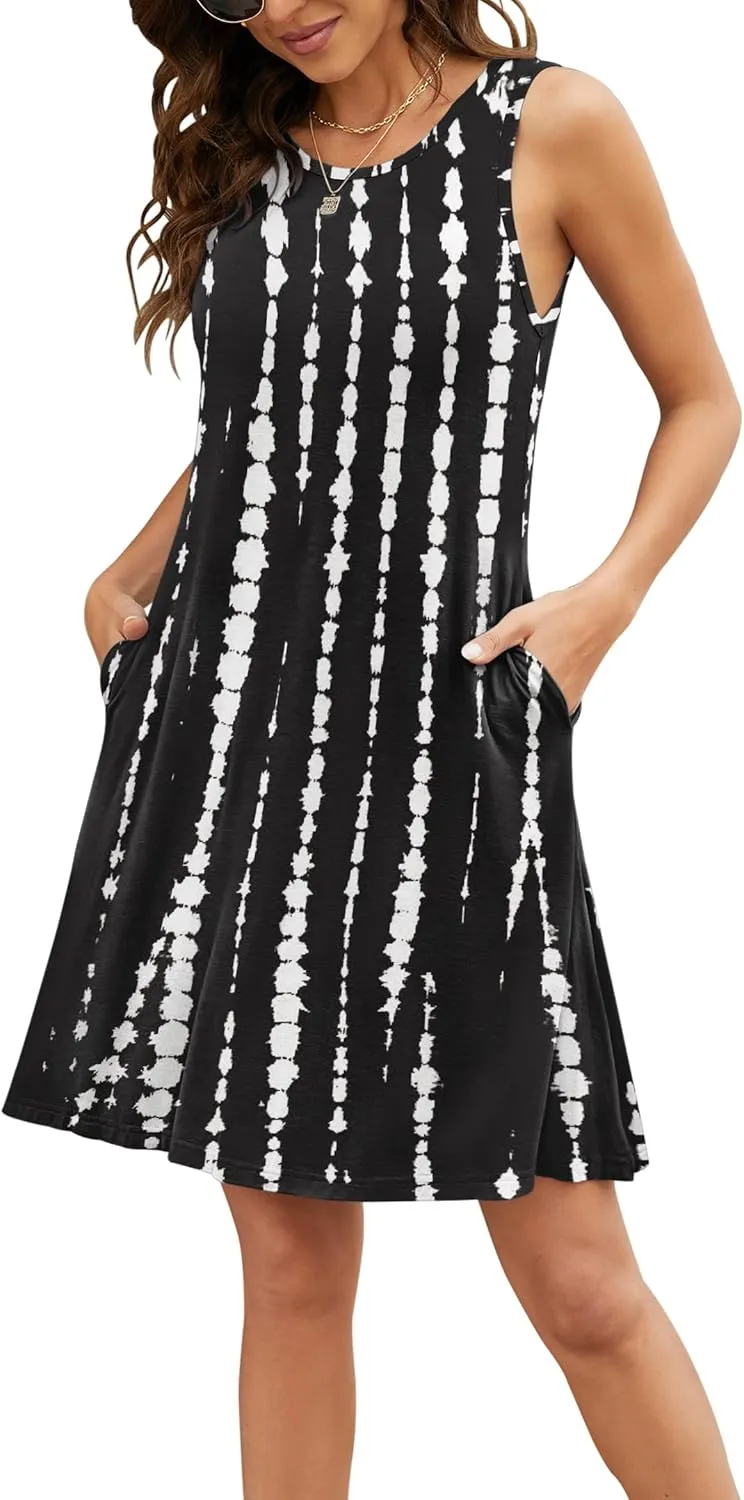 BEUFRI Sundress for Women Summer Casual Sleeveless Swing T Shirt Dresses Beach Cover up Tank Dress with Pockets