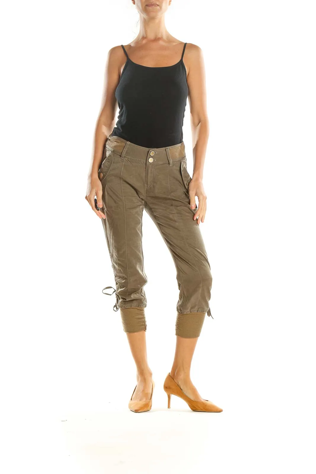 Brown Solid Cropped Cargo Pants