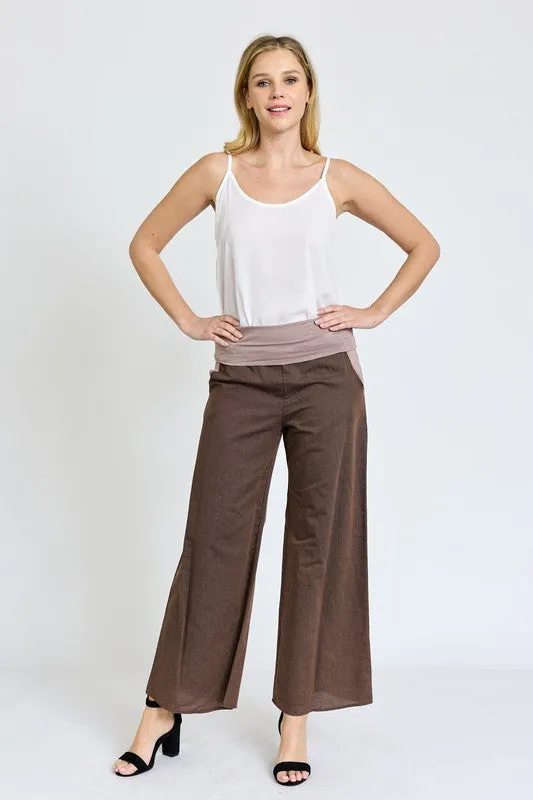 Cotton Linen Wide Leg Pants Fold Over With Pockets | Made in USA