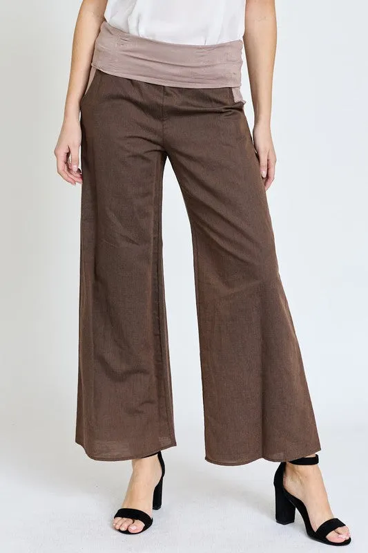 Cotton Linen Wide Leg Pants Fold Over With Pockets | Made in USA