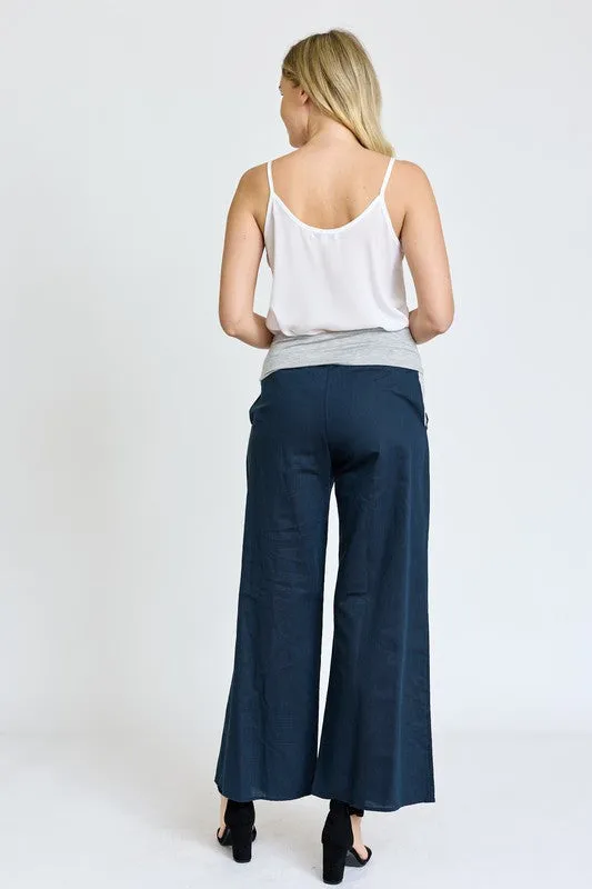 Cotton Linen Wide Leg Pants Fold Over With Pockets | Made in USA