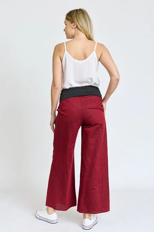 Cotton Linen Wide Leg Pants Fold Over With Pockets | Made in USA