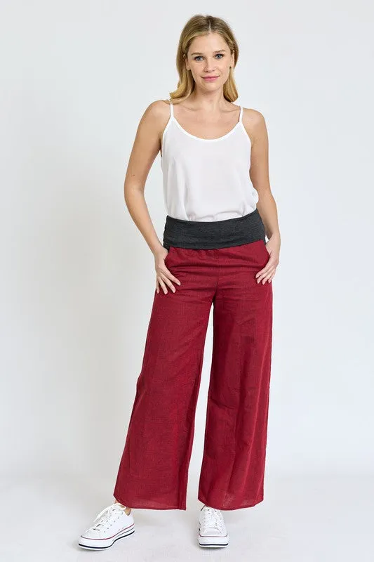 Cotton Linen Wide Leg Pants Fold Over With Pockets | Made in USA