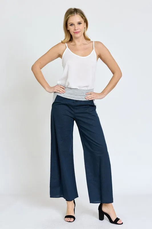 Cotton Linen Wide Leg Pants Fold Over With Pockets | Made in USA