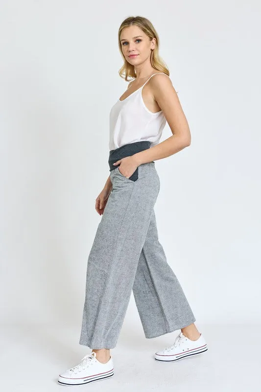 Cotton Linen Wide Leg Pants Fold Over With Pockets | Made in USA