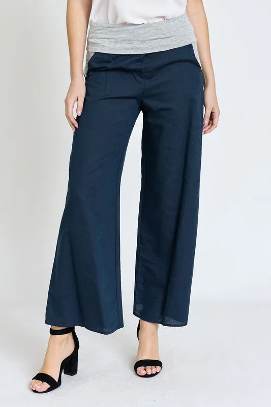 Cotton Linen Wide Leg Pants Fold Over With Pockets | Made in USA