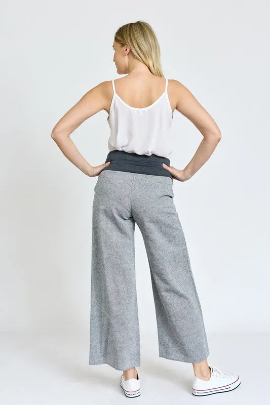 Cotton Linen Wide Leg Pants Fold Over With Pockets | Made in USA