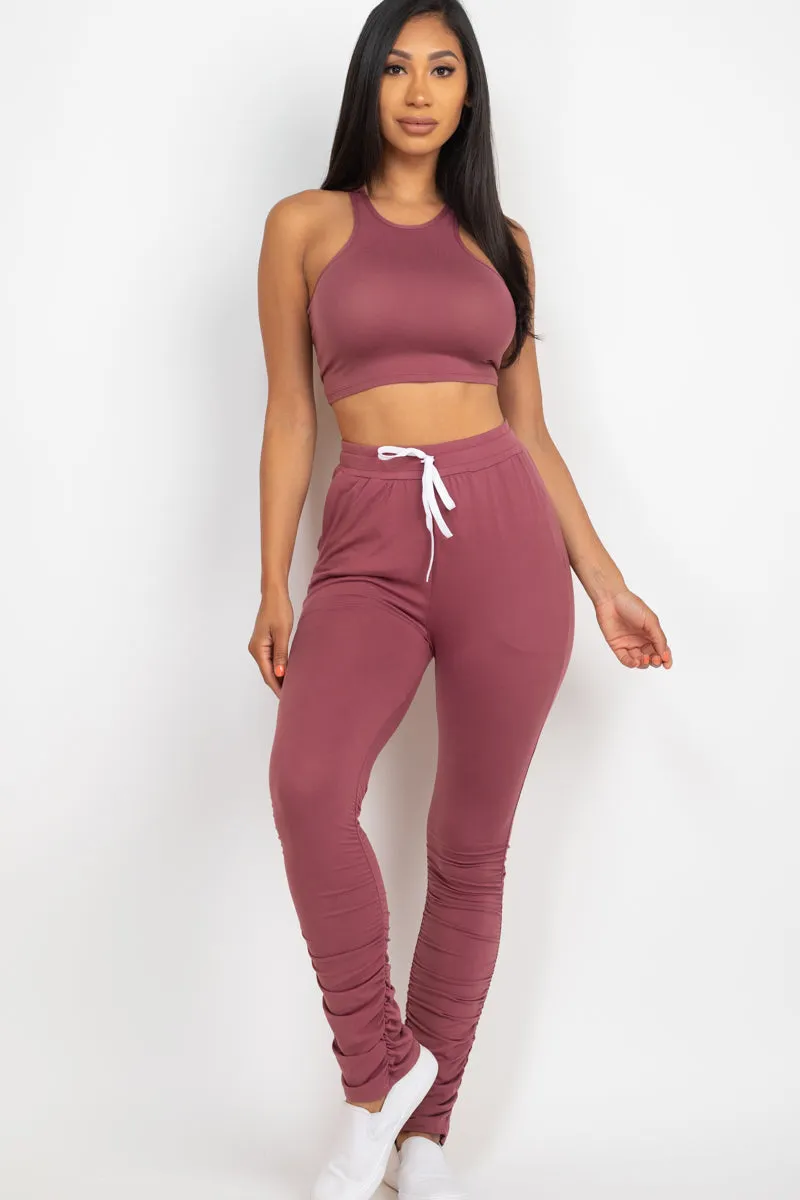 Crop Tank Top & Ruched Pants Set
