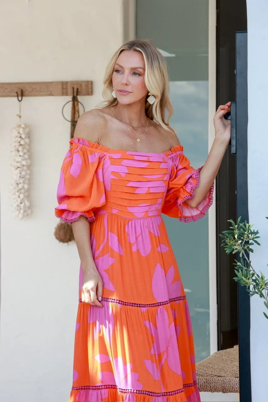Emilia Pleat Front Tier Maxi Dress - Lilac/Orange