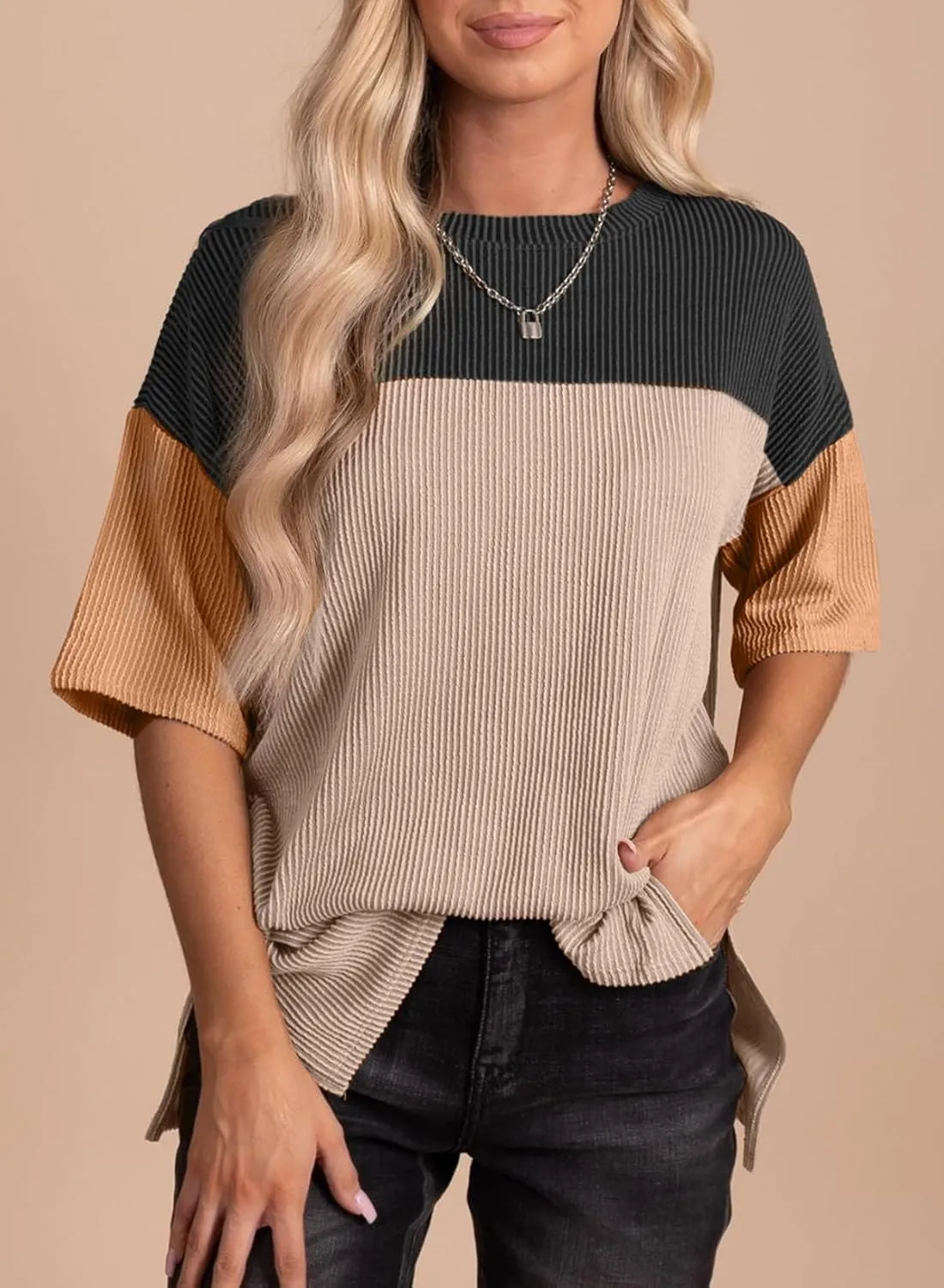 EVALESS Womens Summer Short Sleeve Crewneck Shirts Tops Color Block Lightweight Tee Shirt Top
