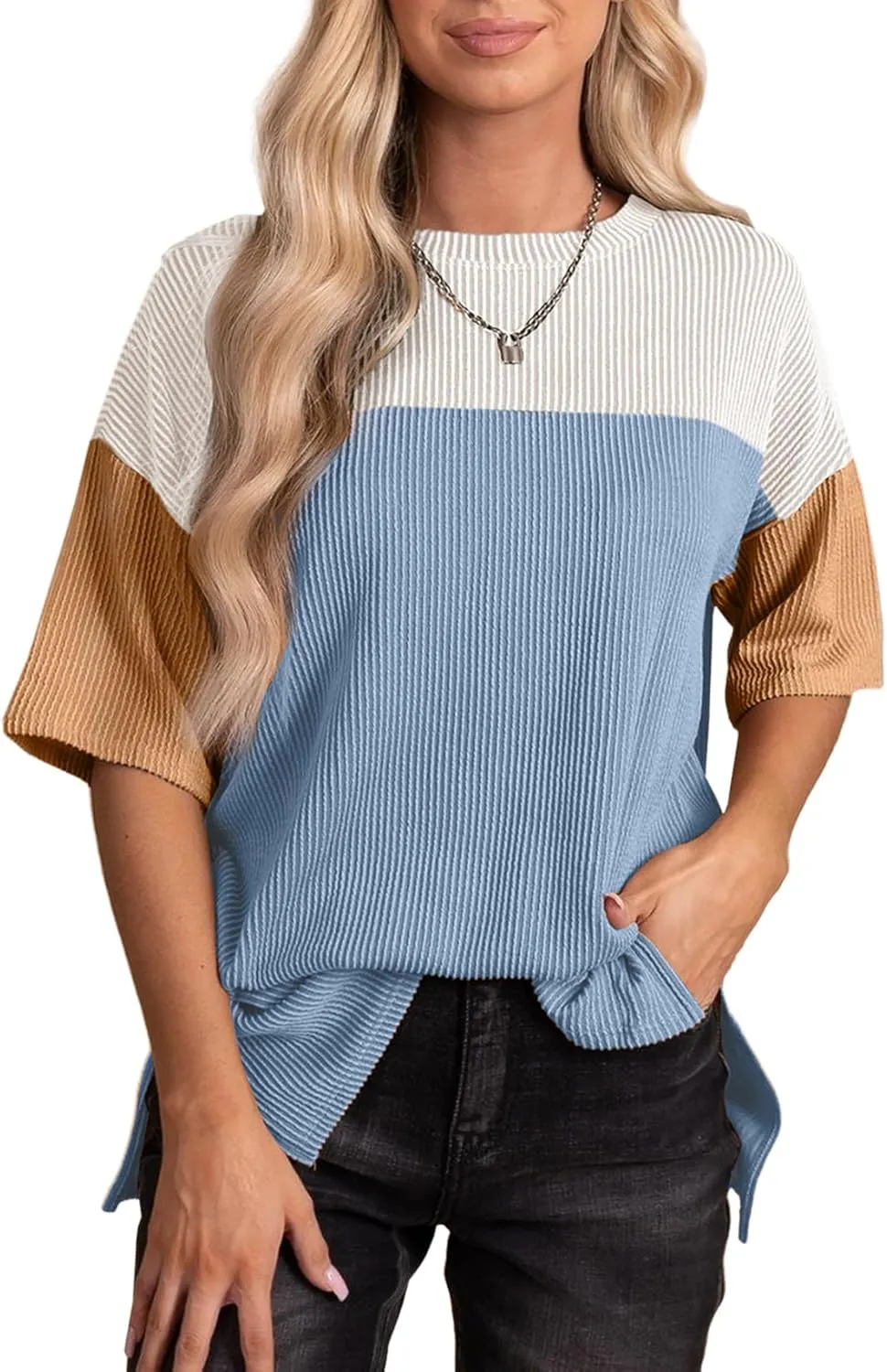 EVALESS Womens Summer Short Sleeve Crewneck Shirts Tops Color Block Lightweight Tee Shirt Top