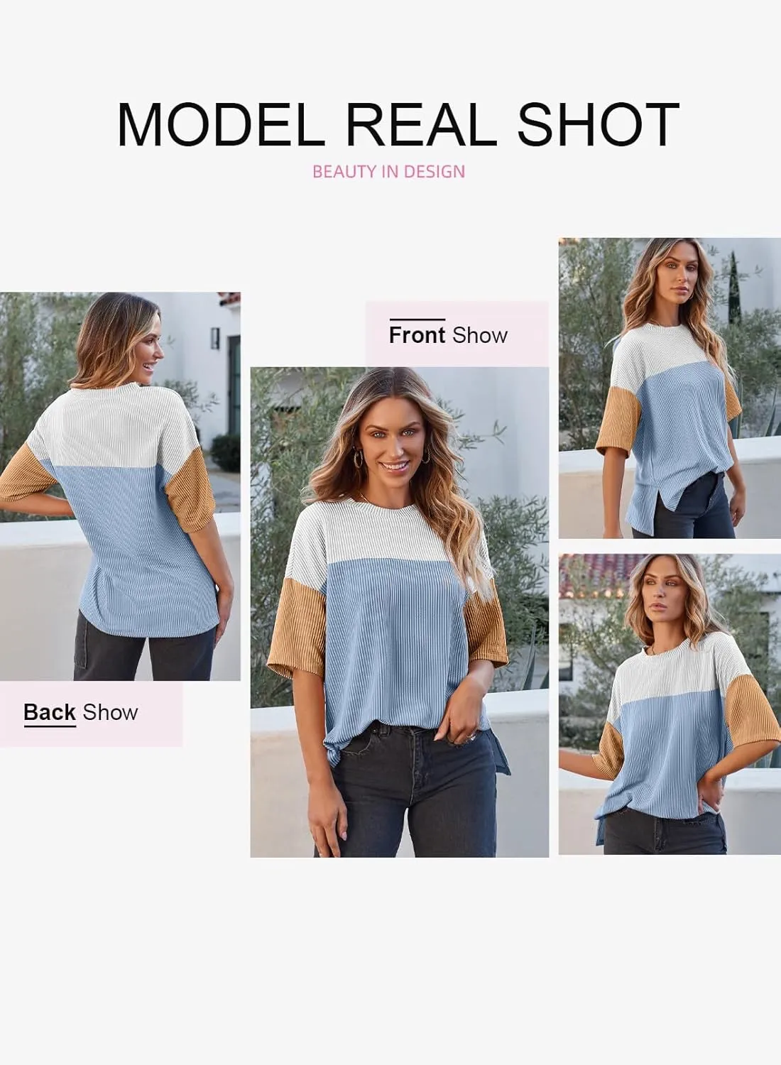 EVALESS Womens Summer Short Sleeve Crewneck Shirts Tops Color Block Lightweight Tee Shirt Top