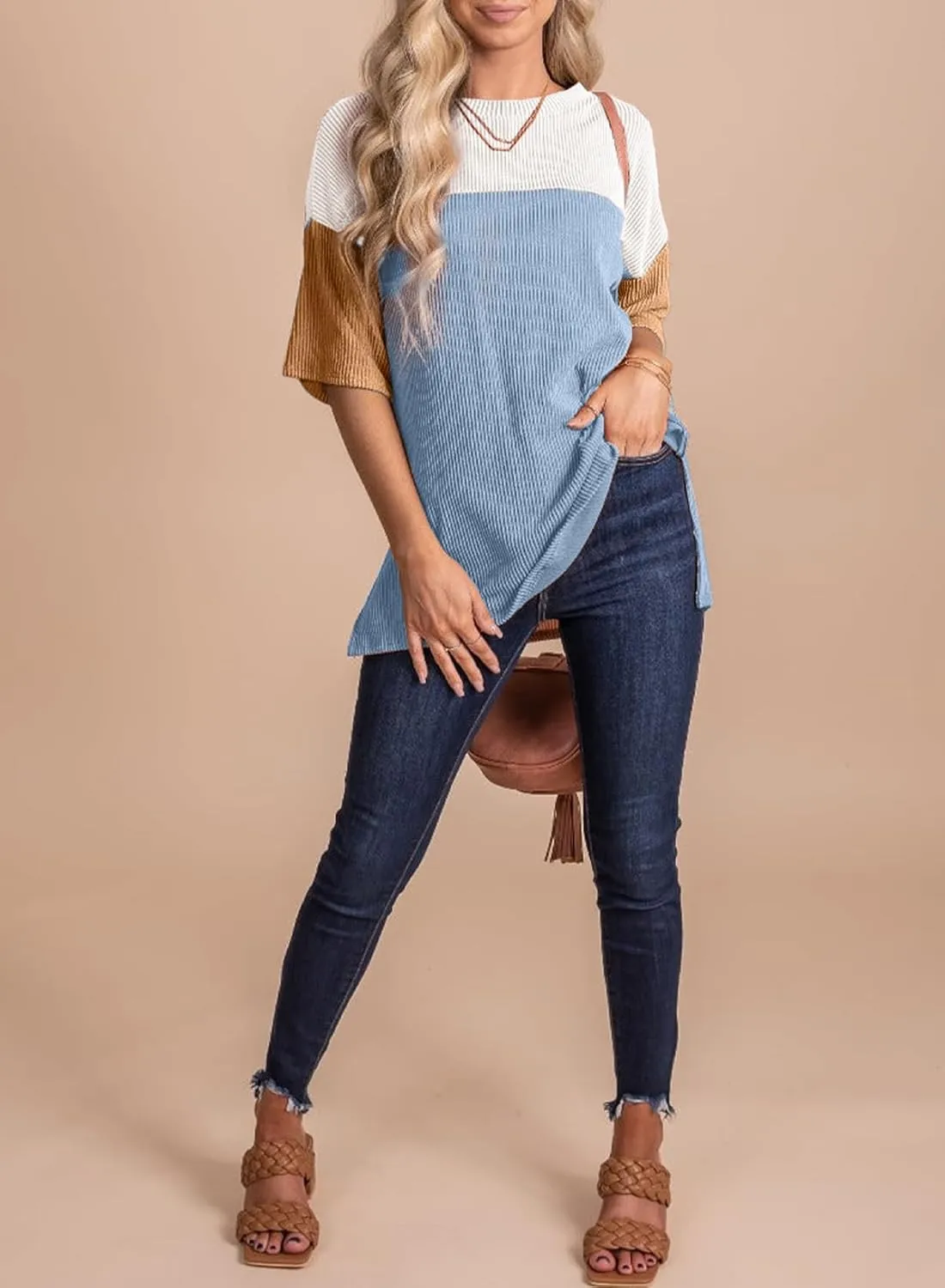 EVALESS Womens Summer Short Sleeve Crewneck Shirts Tops Color Block Lightweight Tee Shirt Top