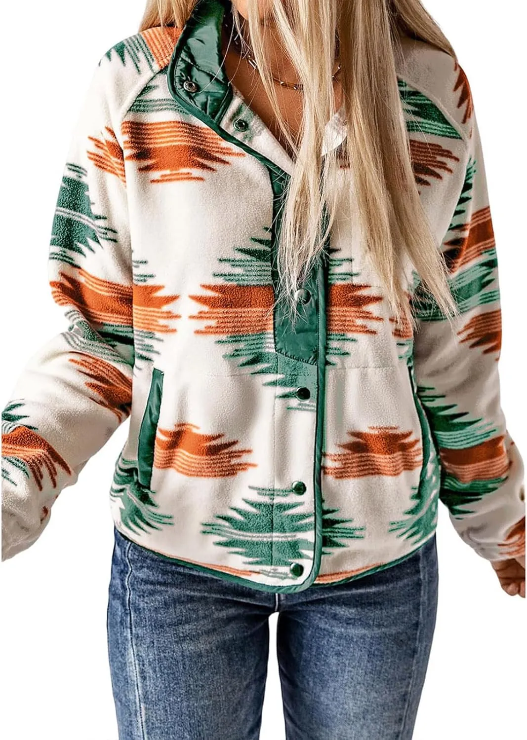Fleece Jacket Womens Western Aztec Print Button Down Shacket Jacket Winter Warm Long Sleeve Tribal Coat Outwear