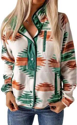 Fleece Jacket Womens Western Aztec Print Button Down Shacket Jacket Winter Warm Long Sleeve Tribal Coat Outwear