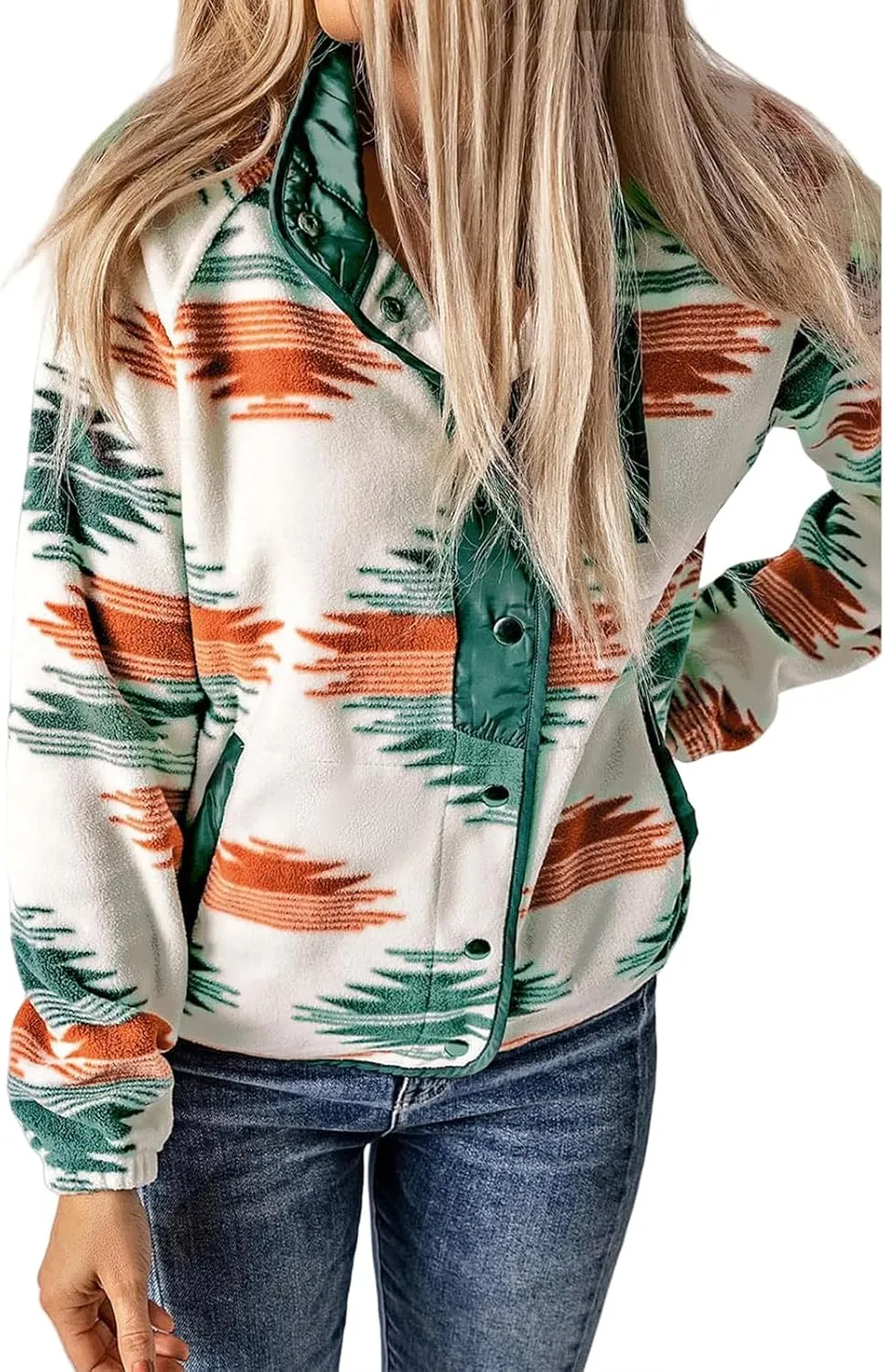 Fleece Jacket Womens Western Aztec Print Button Down Shacket Jacket Winter Warm Long Sleeve Tribal Coat Outwear