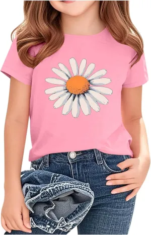 Girls Daisy Print Short Sleeve T-Shirts Cute Kids Summer Tops Loose Crewneck Casual Basic Tees for Boys 2-14 Years