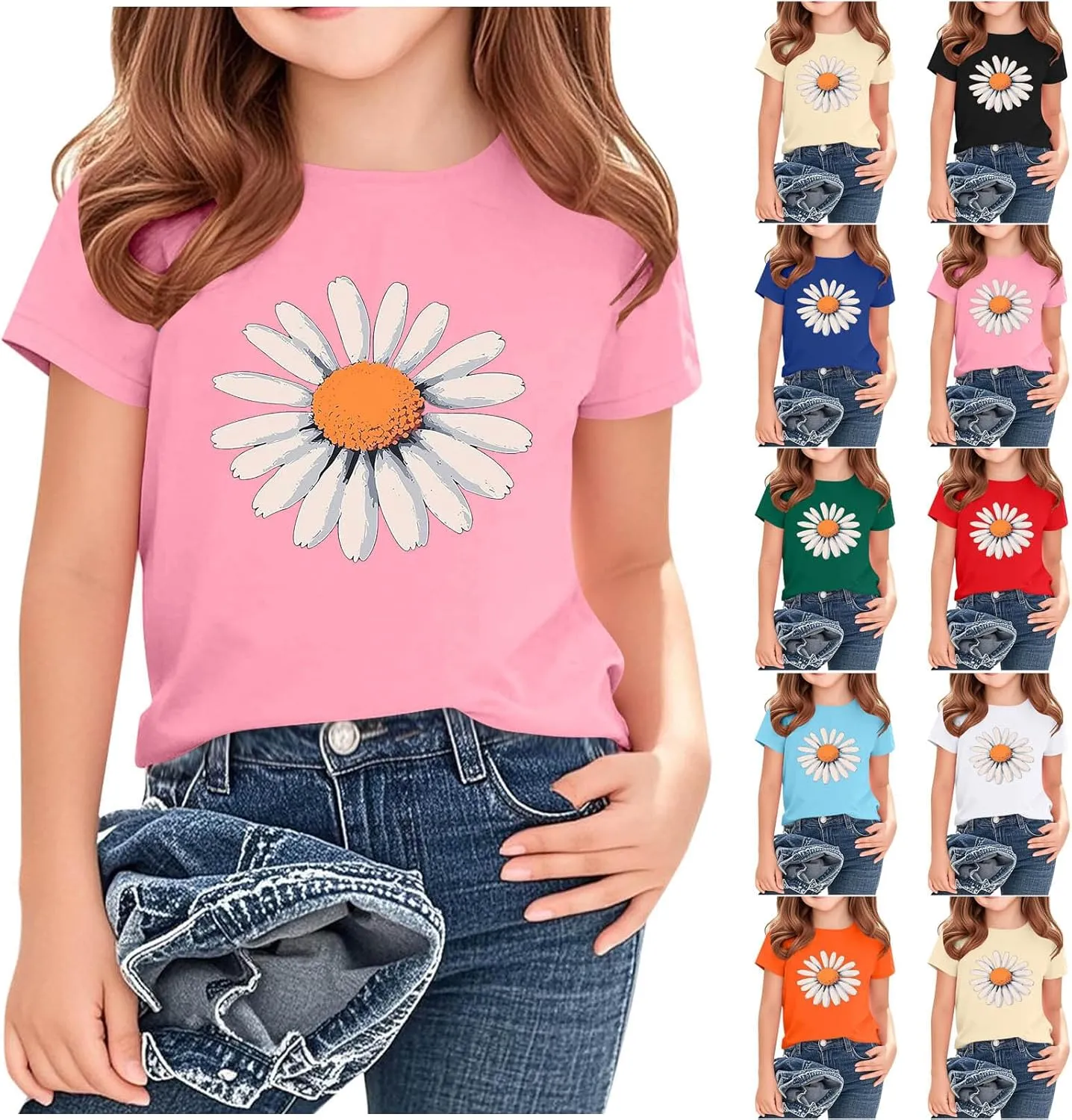 Girls Daisy Print Short Sleeve T-Shirts Cute Kids Summer Tops Loose Crewneck Casual Basic Tees for Boys 2-14 Years