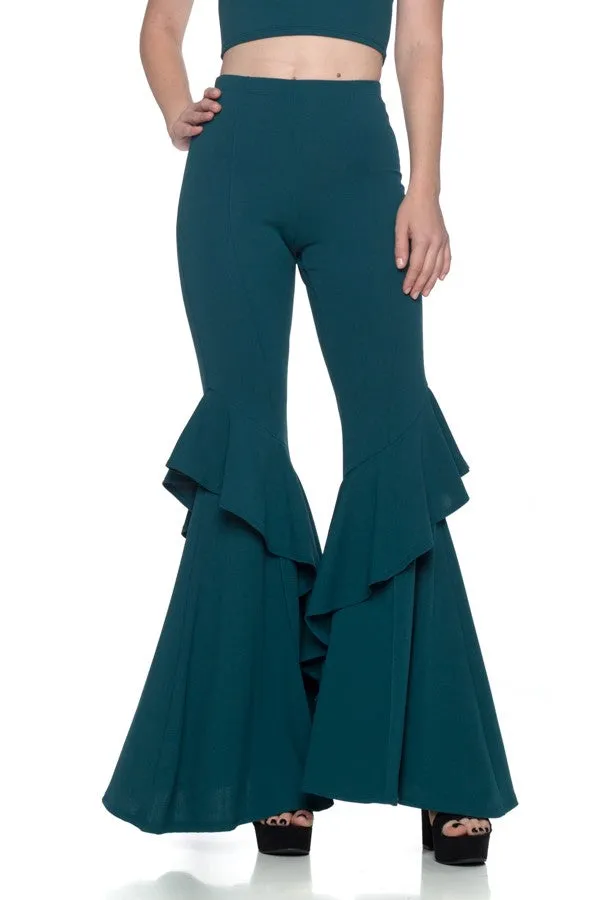 Green Flares Into Bell Bottoms Ruffles Pants
