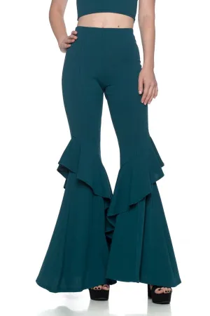 Green Flares Into Bell Bottoms Ruffles Pants