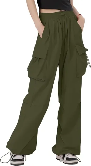 HENGAO Girls Cargo Pants Casual Jogger Loose Fit Streetwear Parachute Pants
