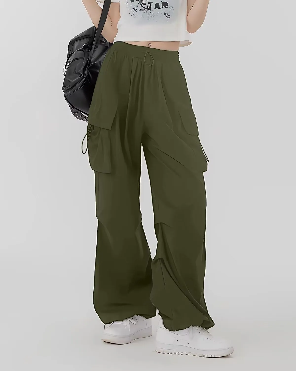 HENGAO Girls Cargo Pants Casual Jogger Loose Fit Streetwear Parachute Pants