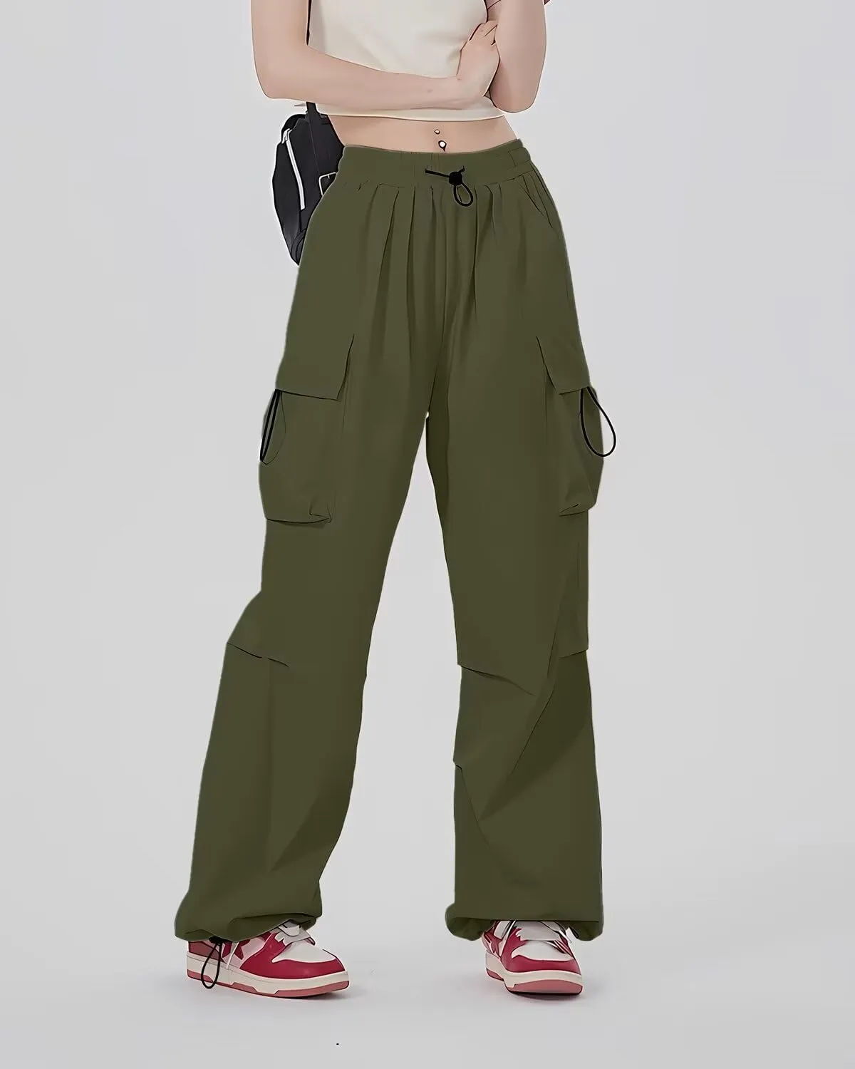 HENGAO Girls Cargo Pants Casual Jogger Loose Fit Streetwear Parachute Pants
