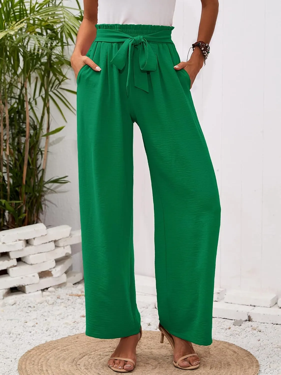 Heymoments Women's Wide Leg Lounge Pants with Pockets Lightweight High Waisted Adjustable Tie Knot Loose Trousers