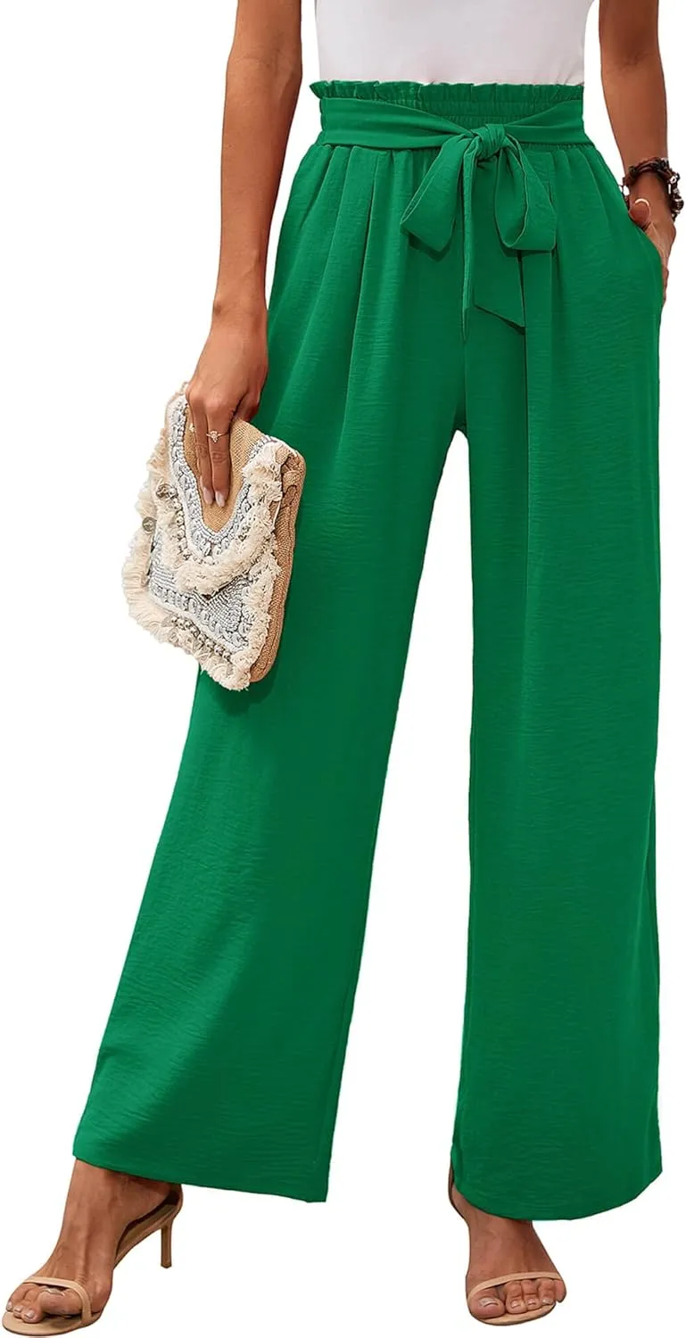 Heymoments Women's Wide Leg Lounge Pants with Pockets Lightweight High Waisted Adjustable Tie Knot Loose Trousers