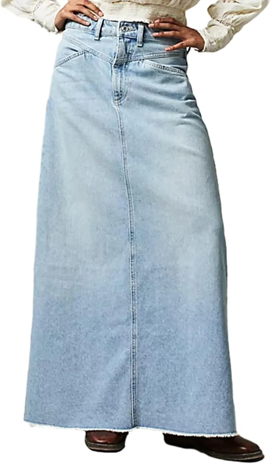 Jean Skirts for Women Denim Casual Y2k High Waisted Skirts Vintage Frayed Raw Hem Long Denim Skirt with Pockets
