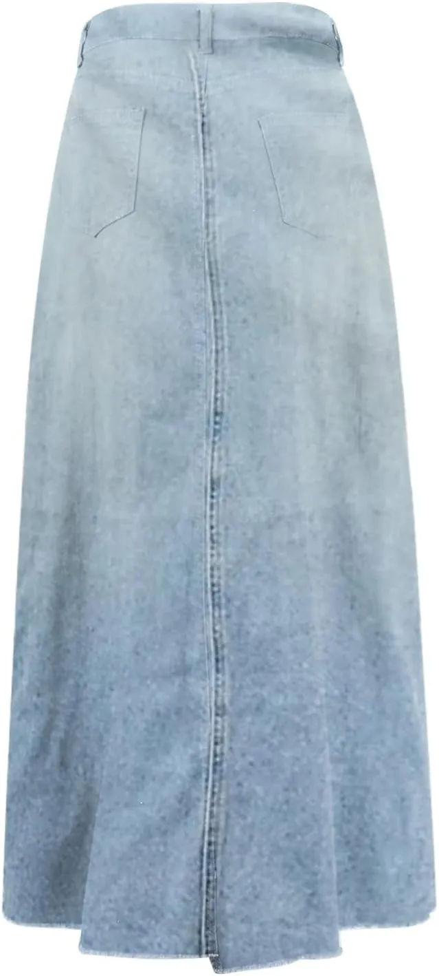 Jean Skirts for Women Denim Casual Y2k High Waisted Skirts Vintage Frayed Raw Hem Long Denim Skirt with Pockets