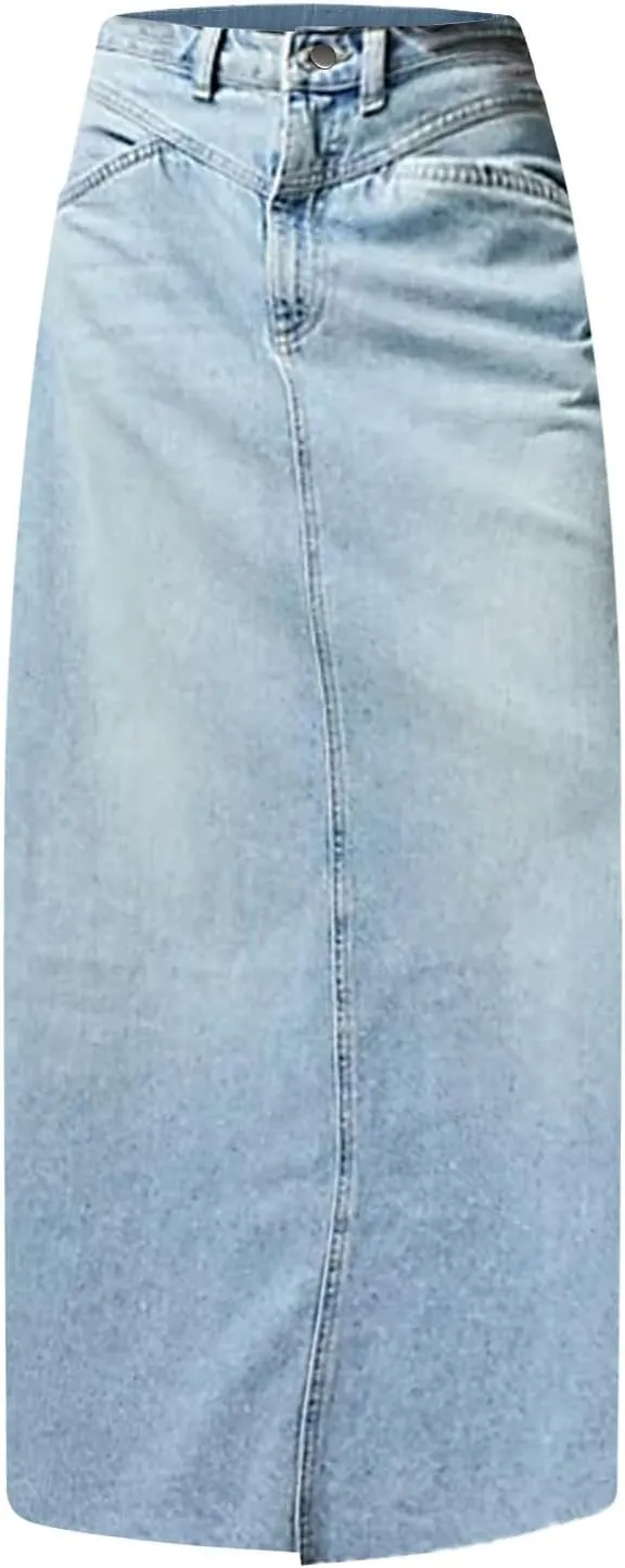 Jean Skirts for Women Denim Casual Y2k High Waisted Skirts Vintage Frayed Raw Hem Long Denim Skirt with Pockets