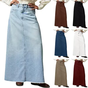 Jean Skirts for Women Denim Casual Y2k High Waisted Skirts Vintage Frayed Raw Hem Long Denim Skirt with Pockets