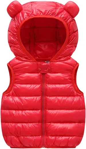 Kids Boys Girls Winter Warm Down Padded Vest Hooded Zipper Sleeveless Jacket aistcoat Outwear Down (Red, 12-18 Months)