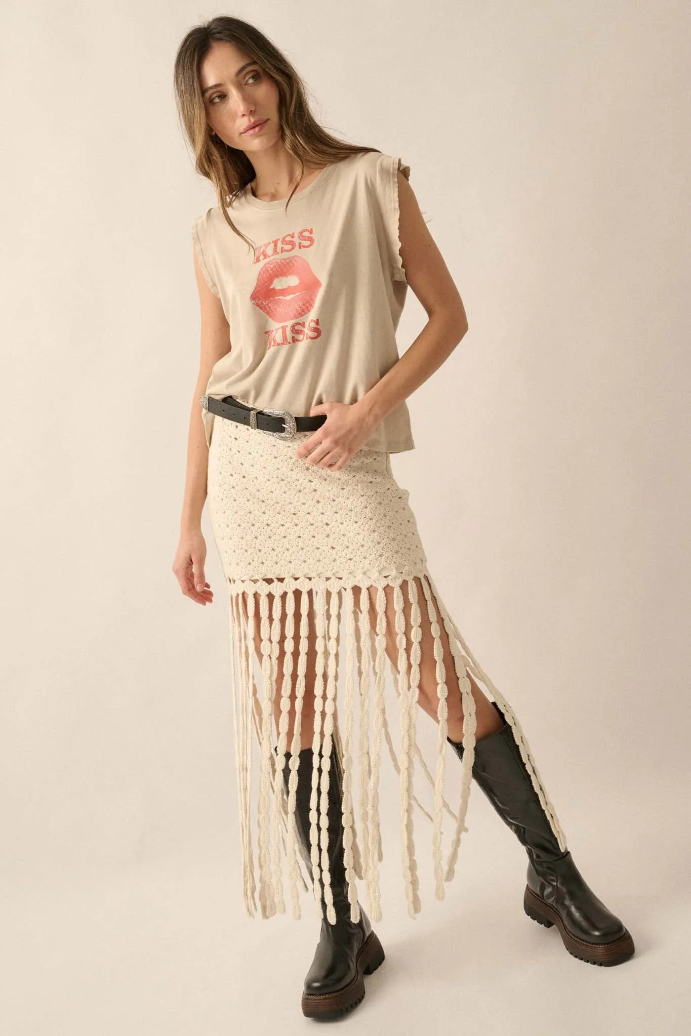 Kiss Kiss Distressed Sleeveless Graphic Tee