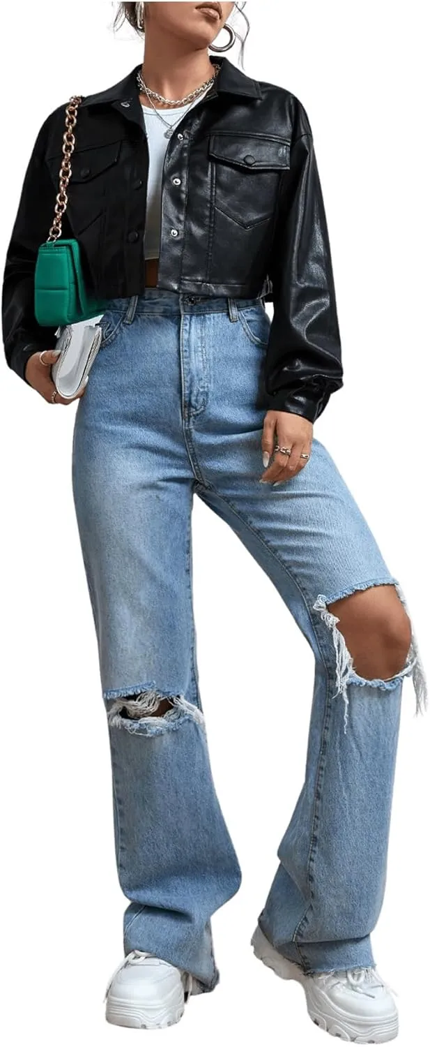 MakeMeChic Women's Faux Leather Crop Jacket Button Down Pocket Cropped Motorcycle Jacket