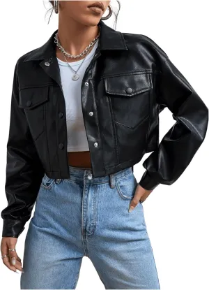 MakeMeChic Women's Faux Leather Crop Jacket Button Down Pocket Cropped Motorcycle Jacket