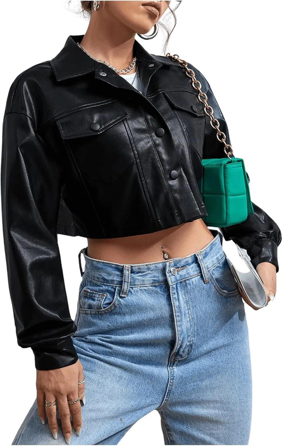 MakeMeChic Women's Faux Leather Crop Jacket Button Down Pocket Cropped Motorcycle Jacket