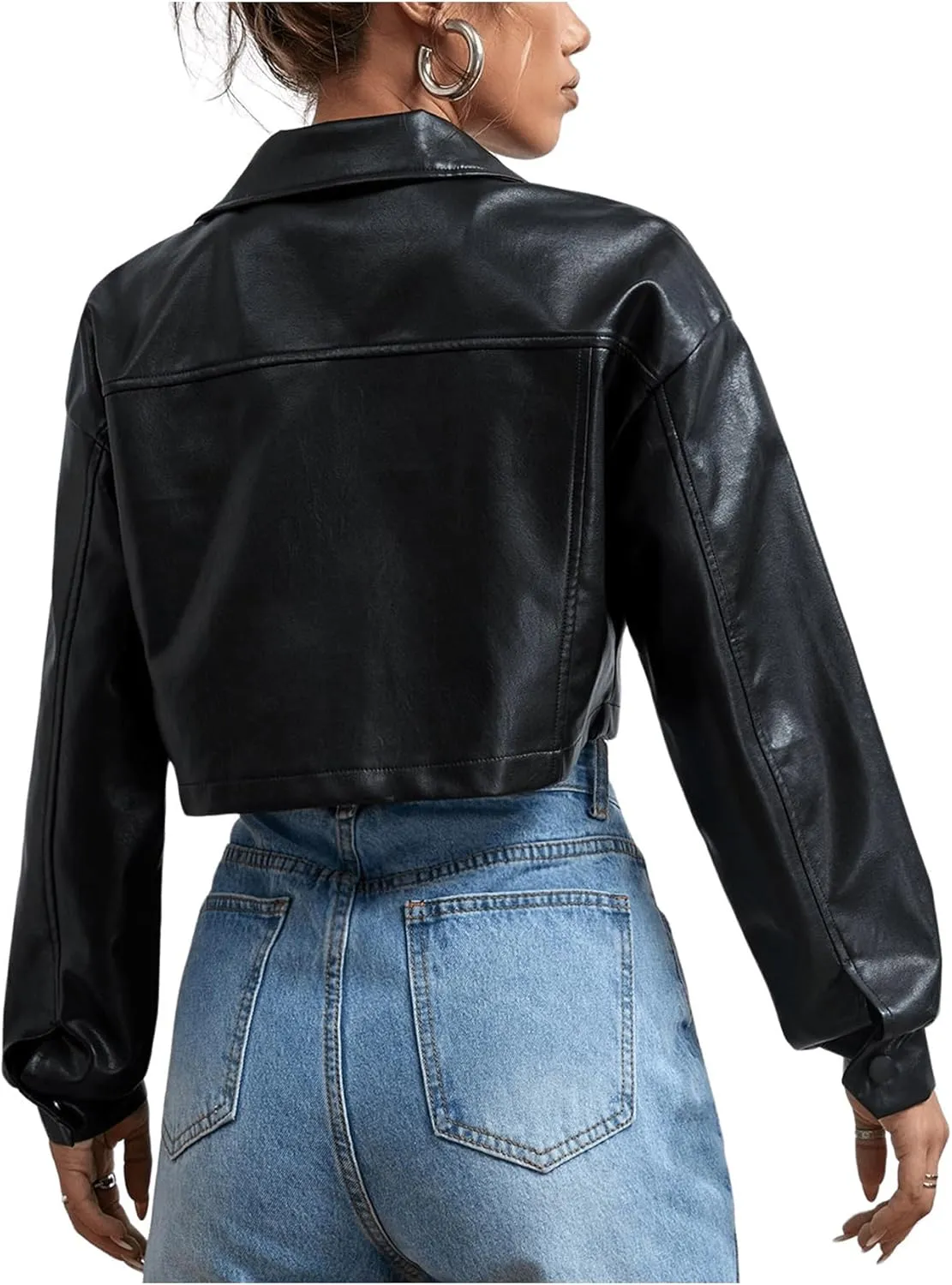 MakeMeChic Women's Faux Leather Crop Jacket Button Down Pocket Cropped Motorcycle Jacket