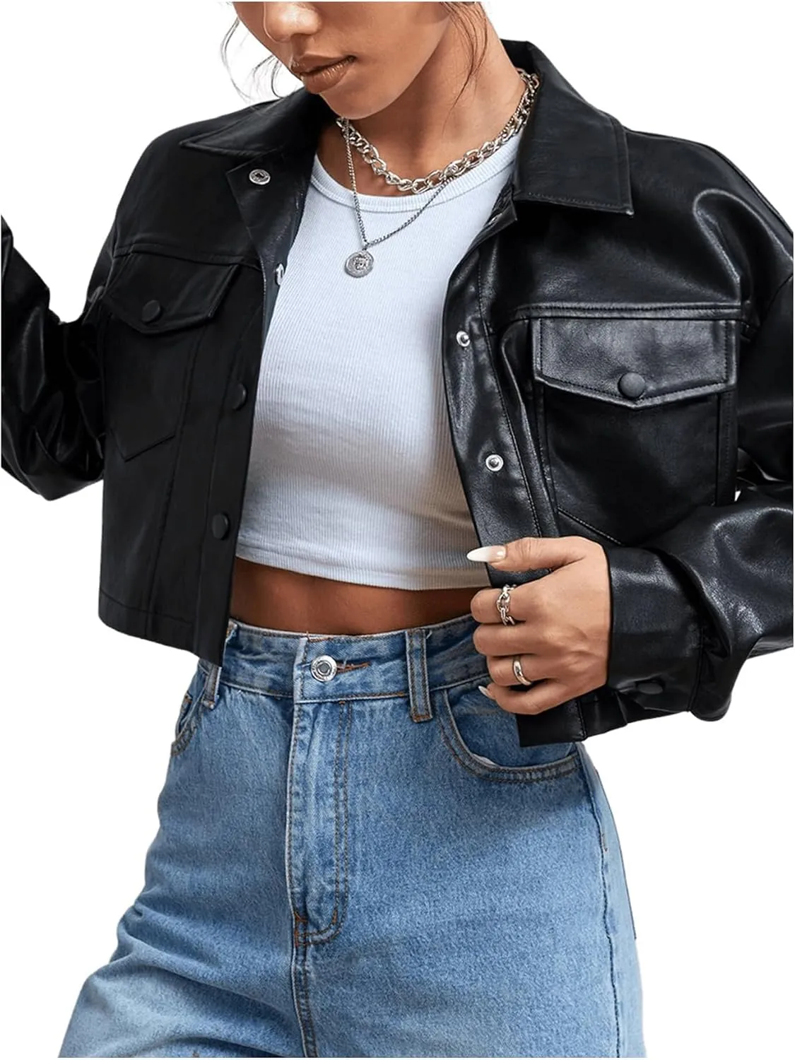 MakeMeChic Women's Faux Leather Crop Jacket Button Down Pocket Cropped Motorcycle Jacket