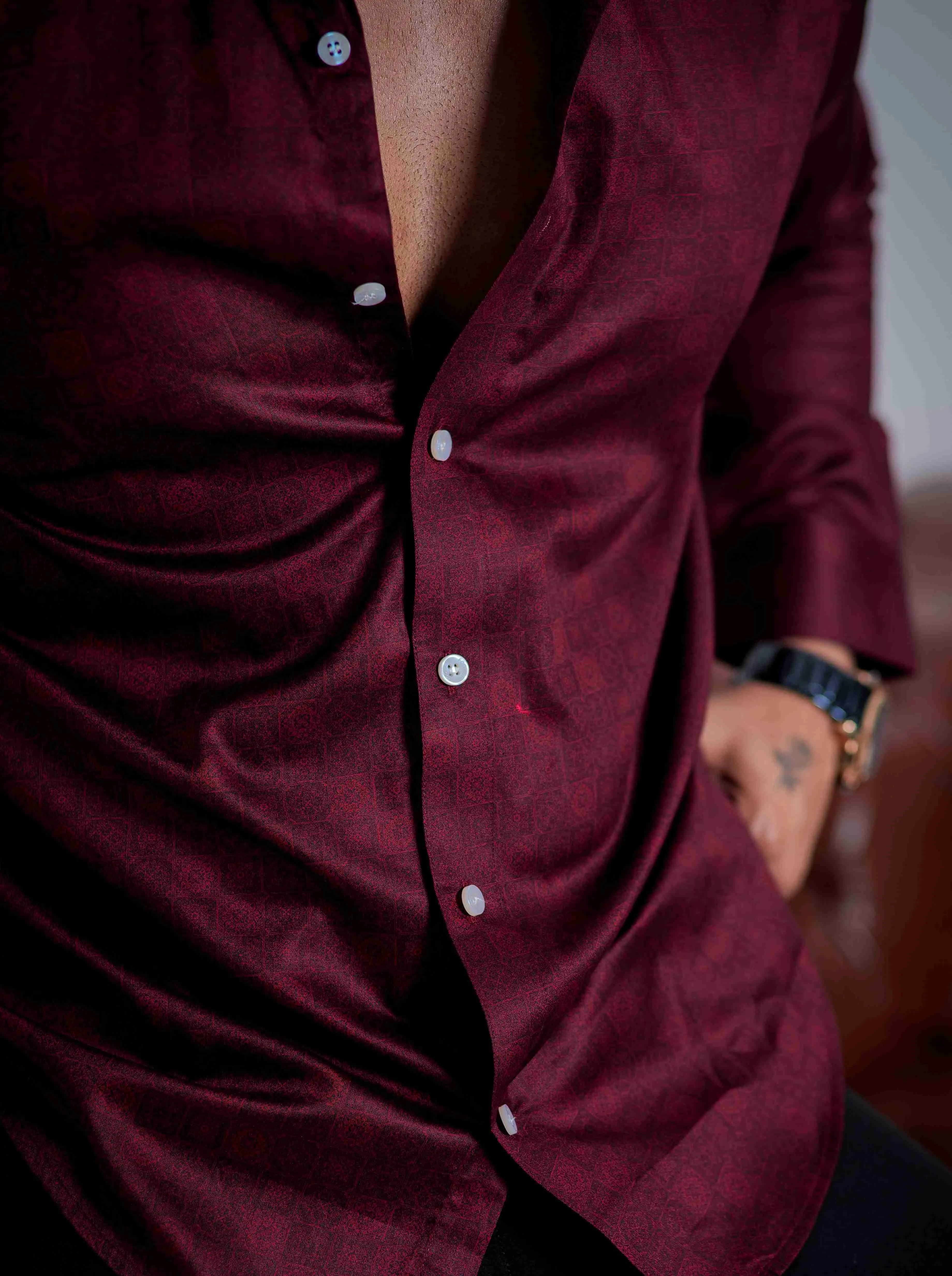 Maroon Satin Print Premium Shirt