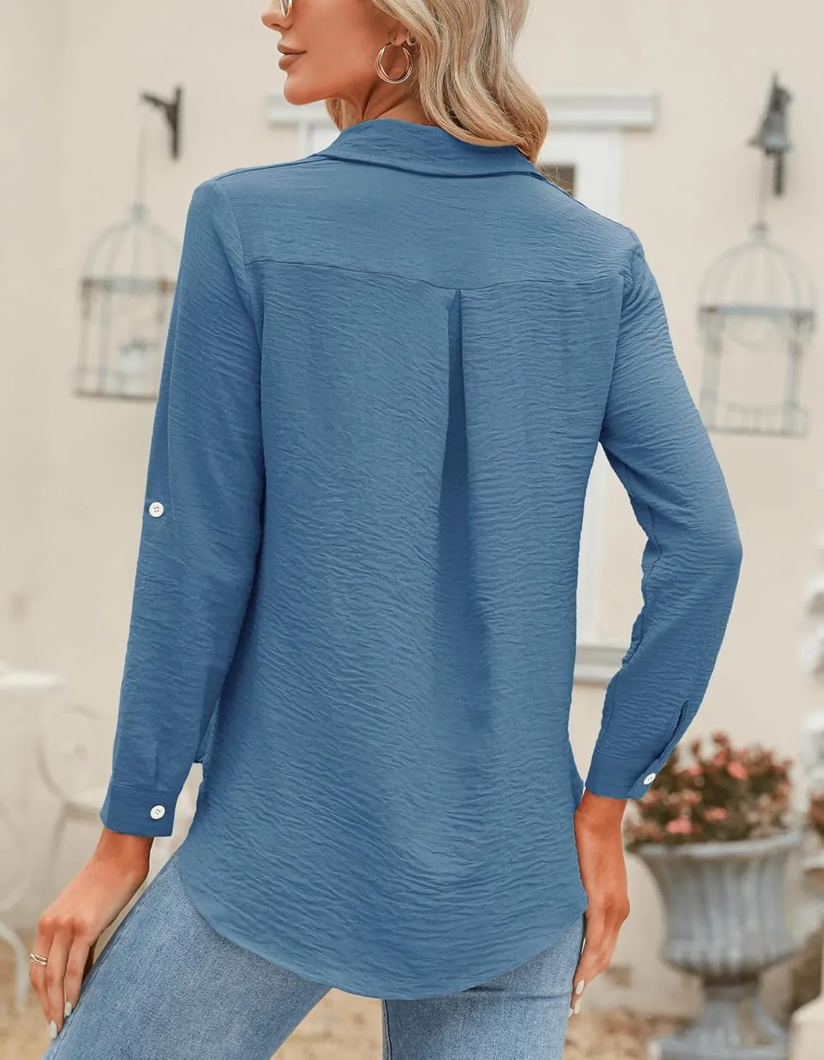 Odosalii Womens Button Down Shirts V Neck Rolled Up Long Sleeve Tops Elegant Dressy Blouses Business Casual Outfits