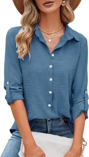 Odosalii Womens Button Down Shirts V Neck Rolled Up Long Sleeve Tops Elegant Dressy Blouses Business Casual Outfits