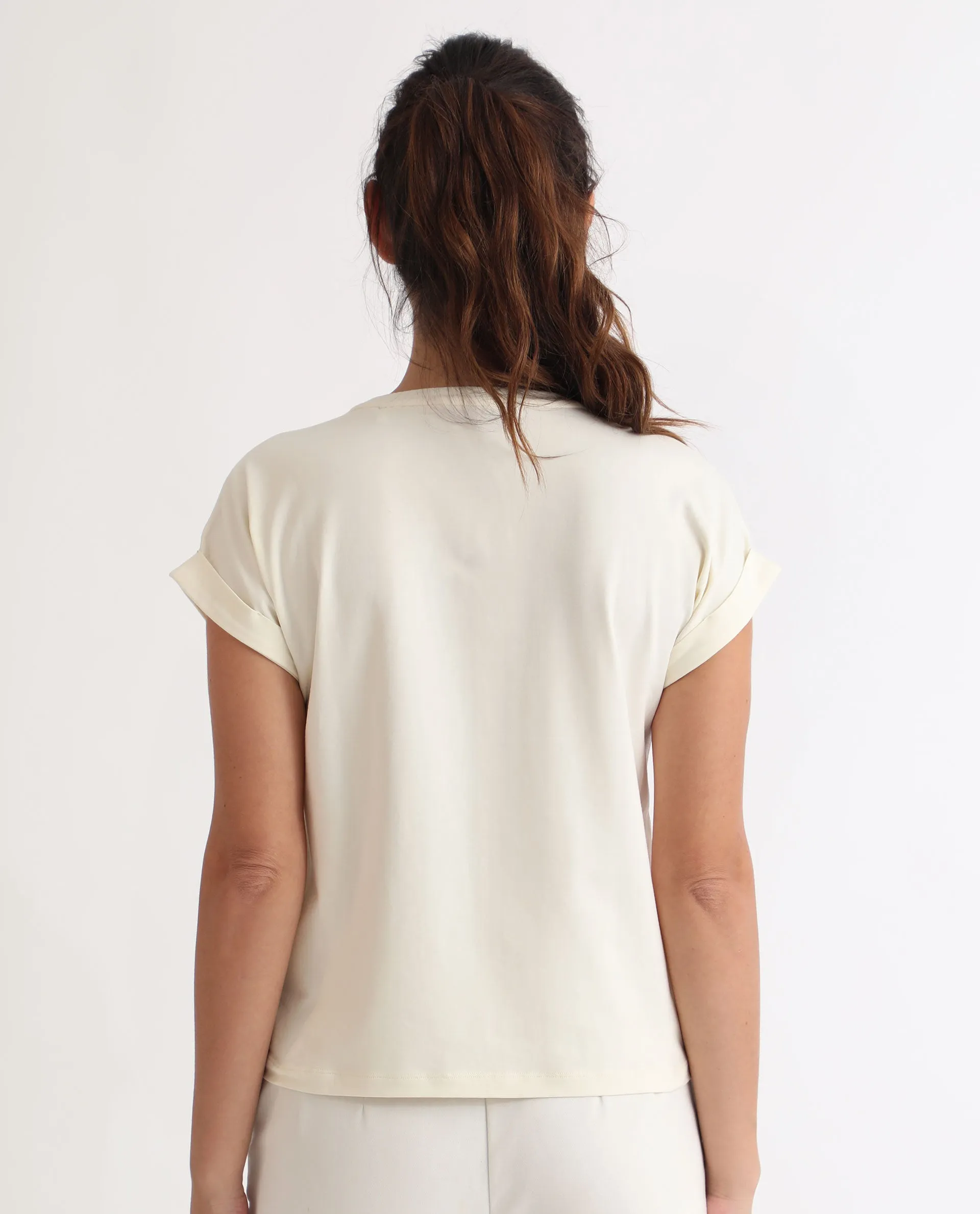 Rareism Women Lia Off White  Regular Fit Half Sleeves Solid Crew Neck T-Shirt